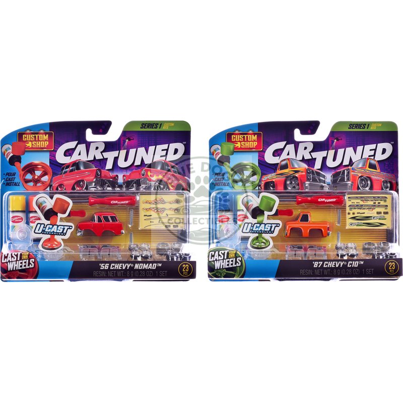 1987 chevrolet c10 pickup truck orange and 1956 chevrolet nomad red "custom shop" 2 car set diecast model cars by cartuned