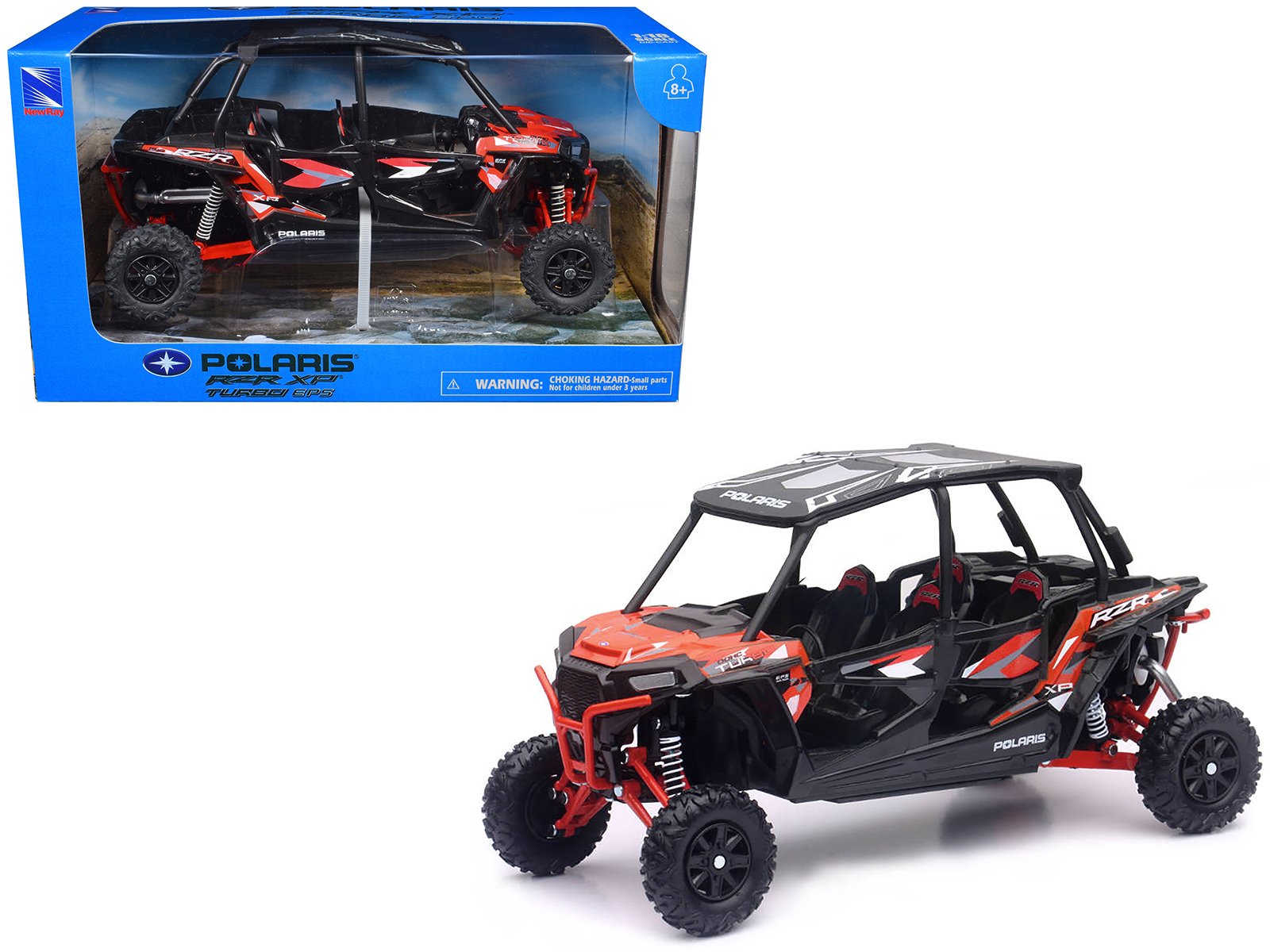 polaris rzr xp 4 turbo eps sport utv spectra orange with graphics and black top 1/18 diecast model by new ray polaris rzr xp 4 turbo eps sport utv spectra orange with graphics and black top 1/18 diecast model by new ray
