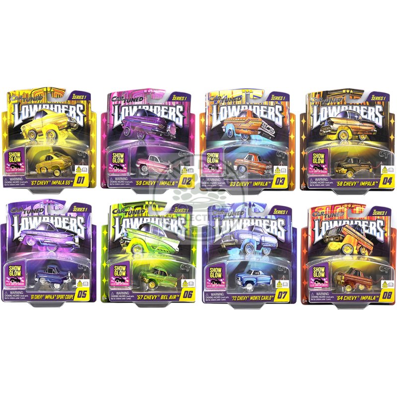 "lowriders show glow" series 1 set of 8 pieces diecast model cars by cartuned