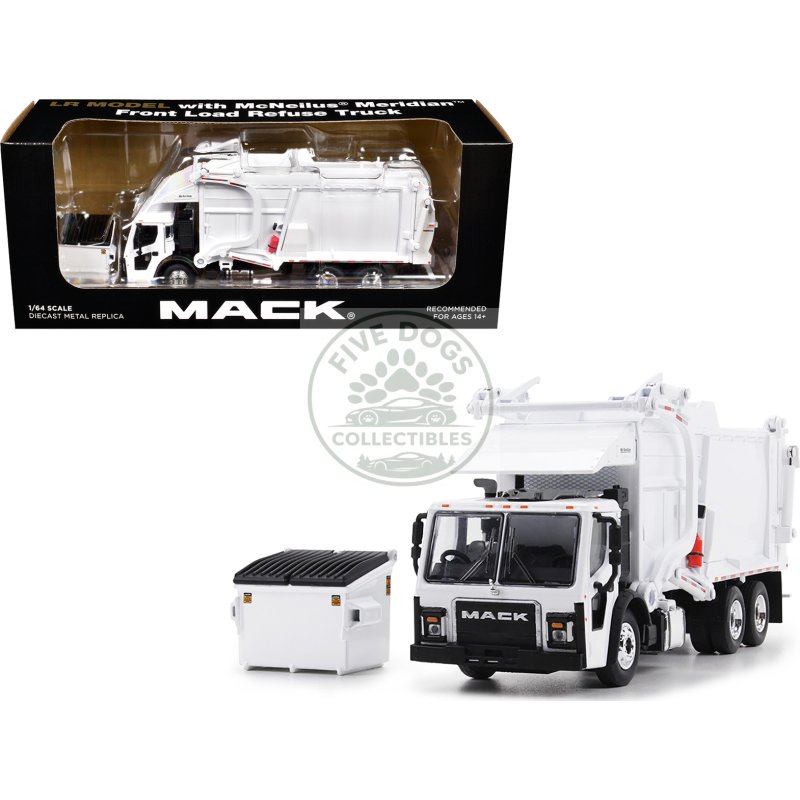 mack lr refuse garbage truck with mcneilus meridian front loader white with trash bin 1/64 diecast model by dcp/first gear