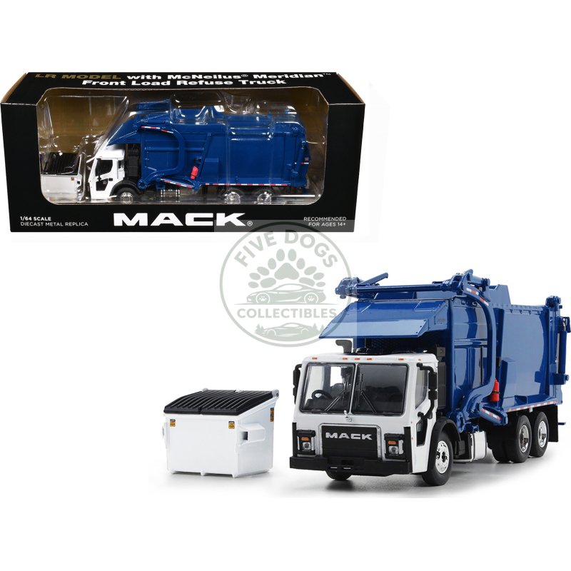 mack lr refuse garbage truck with mcneilus meridian front loader white and blue with trash bin 1/64 diecast model by dcp/first gear