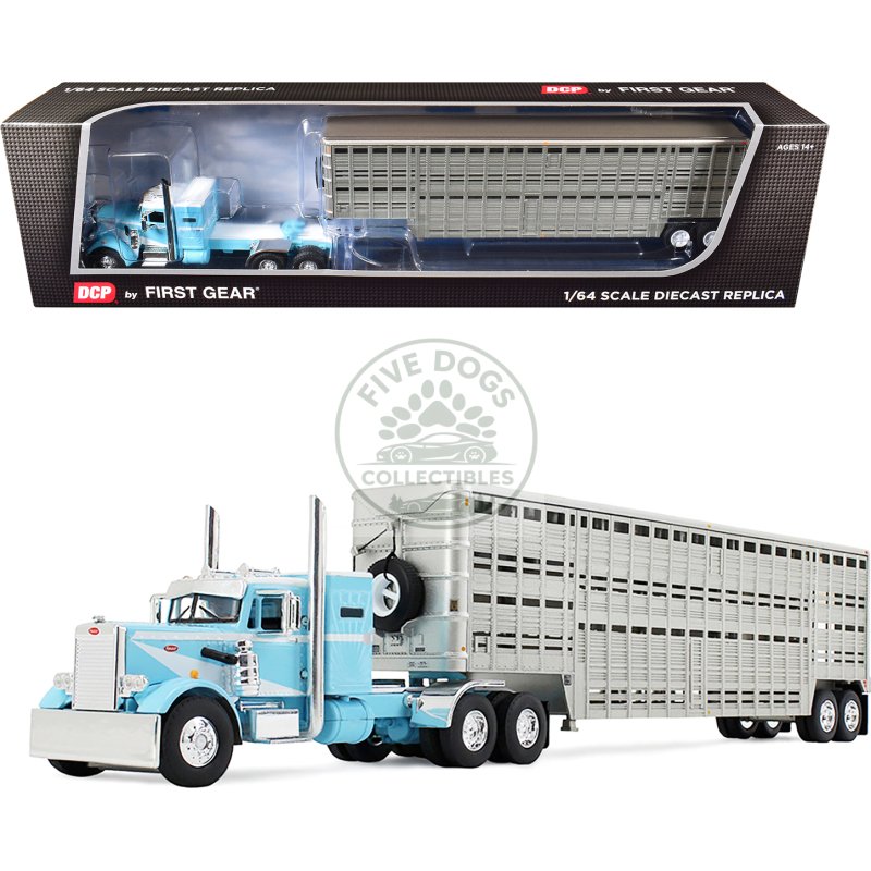 peterbilt 351 with 36" vintage sleeper and 45' wilson vintage livestock trailer light blue with white stripes 1/64 diecast model by dcp/first gear