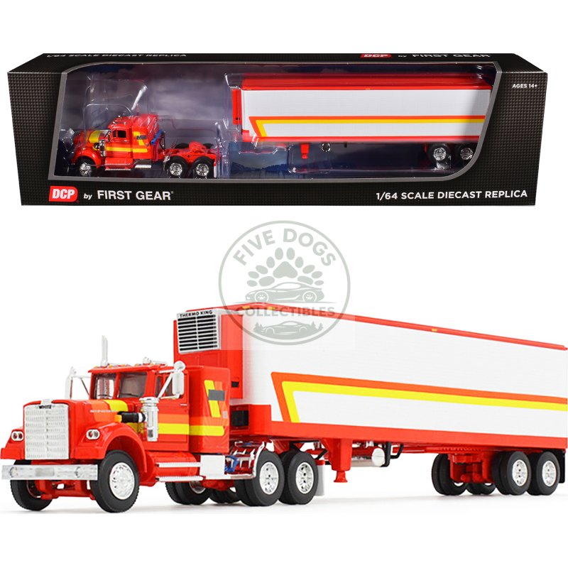 white western star 4900 with 36" vintage flat top sleeper and wilson 40' vintage refridgerated trailer red and white with stripes 1/64 diecast model by dcp/first gear