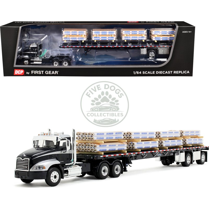 mack pinnacle day cab with minimizer parts & 53' wilson roadbrute flatbed trailer with "carlisle roofing" loaded pallets black with silver top and stripes 1/64 diecast model by dcp/first gear