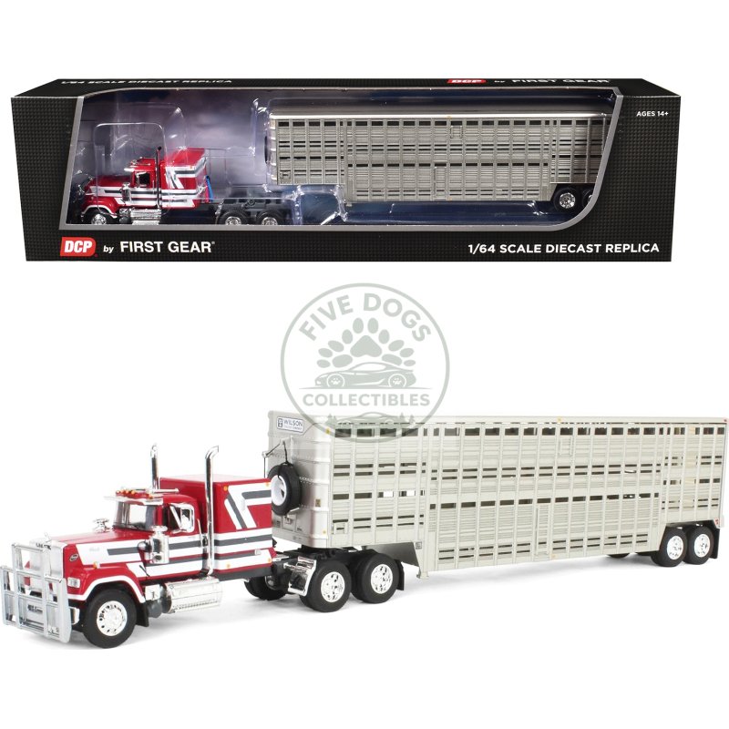 mack super liner with 60" flat top sleeper and 45' wilson vintage livestock trailer red with white and gray stripes 1/64 diecast model by dcp/first gear