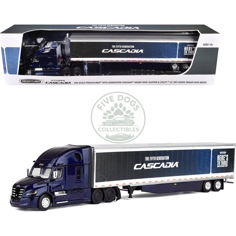 freightliner fifth generation cascadia raised roof sleeper & 53' utility trailer with skirts midnight blue 1/64 diecast model by dcp/first gear