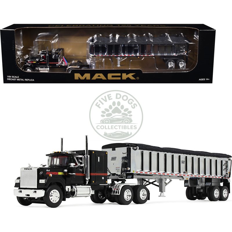 mack super liner with 60" flat top sleeper and east end dump trailer black 1/64 diecast model by dcp/first gear