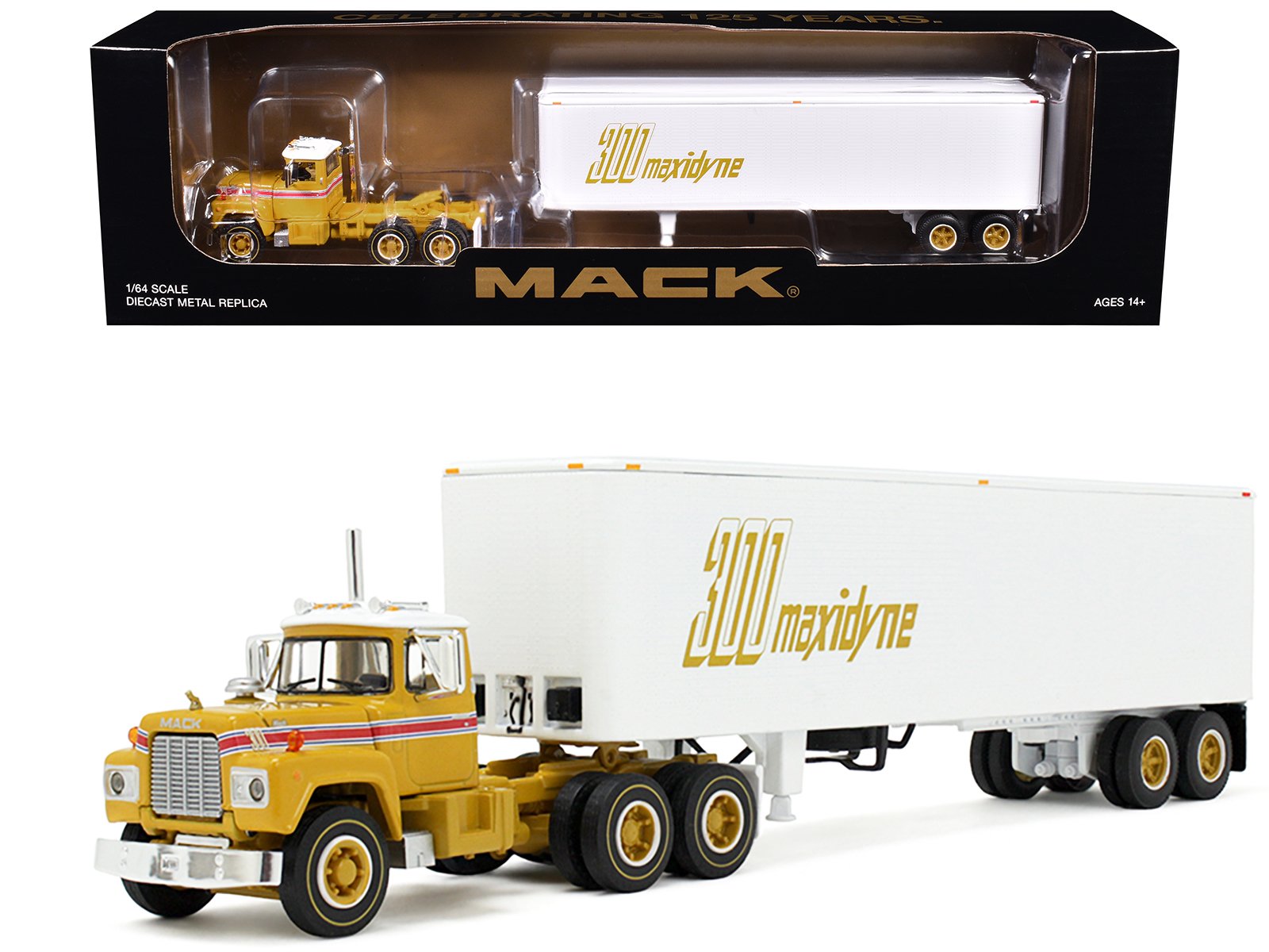 mack r model day cab and 40' vintage trailer yellow with red stripes and white top "mack anniversary" 1/64 diecast model by dcp/first gear mack r model day cab and 40' vintage trailer yellow with red stripes and white top "mack anniversary" 1/64 diecast model by dcp/first gear