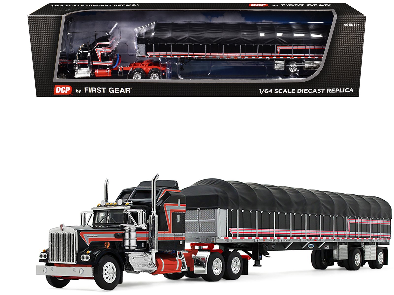 kenworth w900a with 60" aerodyne sleeper and 53’ wilson roadbrute flatbed trailer with covered wagon black with red stripes 1/64 diecast model by dcp/first gear kenworth w900a with 60" aerodyne sleeper and 53’ wilson roadbrute flatbed trailer with covered wagon black with red stripes 1/64 diecast model by dcp/first gear