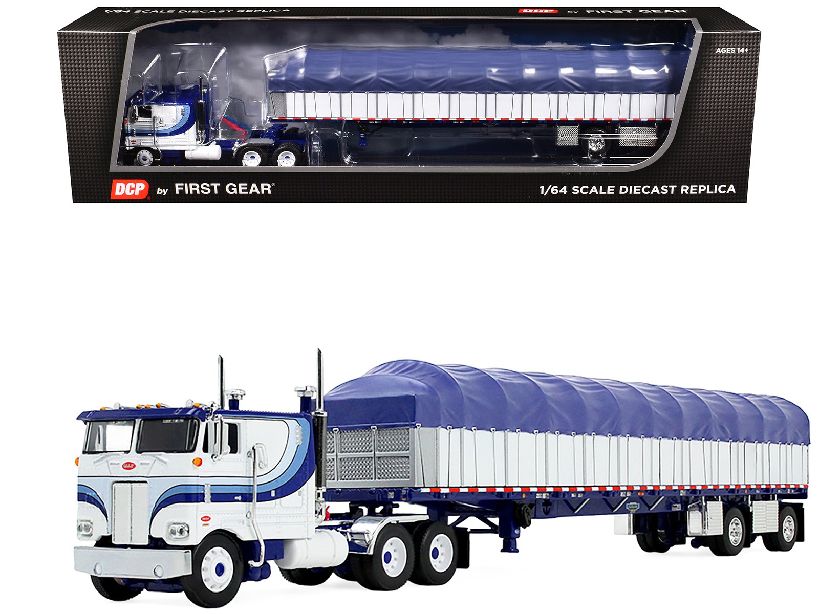 peterbilt 352 coe 110" sleeper and 53’ wilson roadbrute flatbed trailer with covered wagon white with blue stripes 1/64 diecast model by dcp/first gear peterbilt 352 coe 110" sleeper and 53’ wilson roadbrute flatbed trailer with covered wagon white with blue stripes 1/64 diecast model by dcp/first gear