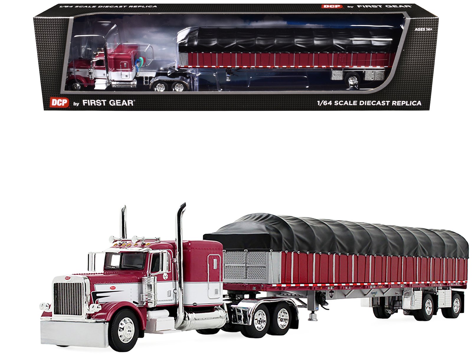 peterbilt 389 with 63" flat top sleeper and 53’ wilson roadbrute flatbed trailer with covered wagon maroon with white stripes 1/64 diecast model by dcp/first gear peterbilt 389 with 63" flat top sleeper and 53’ wilson roadbrute flatbed trailer with covered wagon maroon with white stripes 1/64 diecast model by dcp/first gear