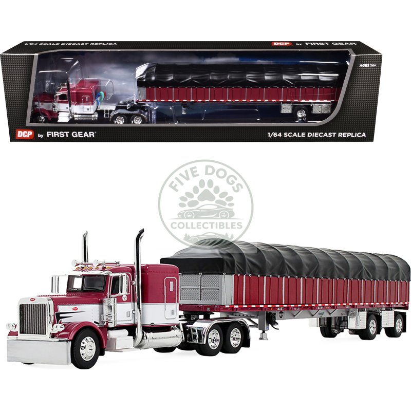 peterbilt 389 with 63" flat top sleeper and 53’ wilson roadbrute flatbed trailer with covered wagon maroon with white stripes 1/64 diecast model by dcp/first gear