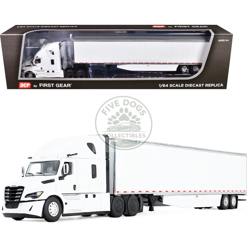 freightliner fifth generation cascadia raised roof sleeper & 53' utility trailer with skirts white 1/64 diecast model by dcp/first gear