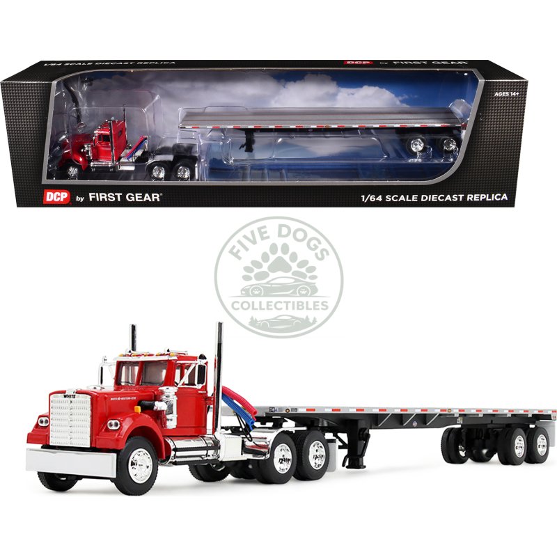 white western star 4900 day cab with 48’ utility flatbed trailer viper red 1/64 diecast model by dcp/first gear