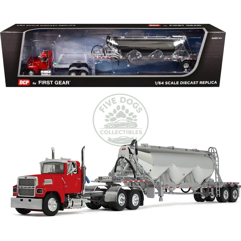 ford ltl 9000 day cab with heil pneumatic tank trailer heil red 1/64 diecast model by dcp/first gear
