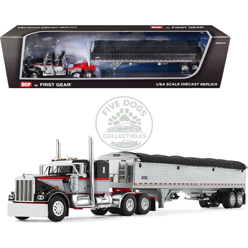 kenworth w900a with 36" sleeper and 43' wilson pacesetter grain trailer black and gray with viper red stripes 1/64 diecast model by dcp/first gear