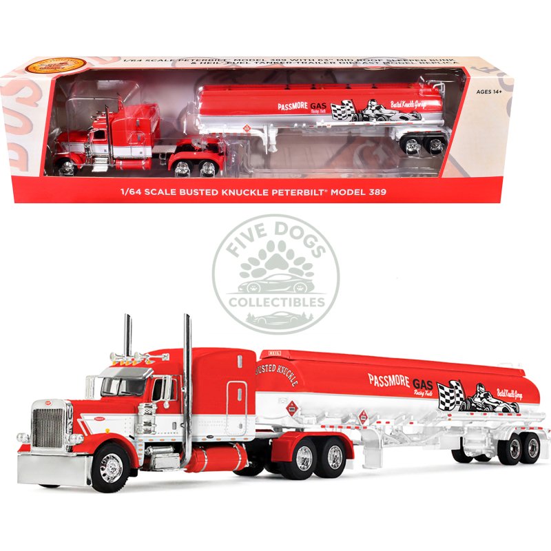 peterbilt 389 with 63" mid roof sleeper and heil fuel tank trailer "busted knuckle garage" red and white 1/64 diecast model by dcp/first gear