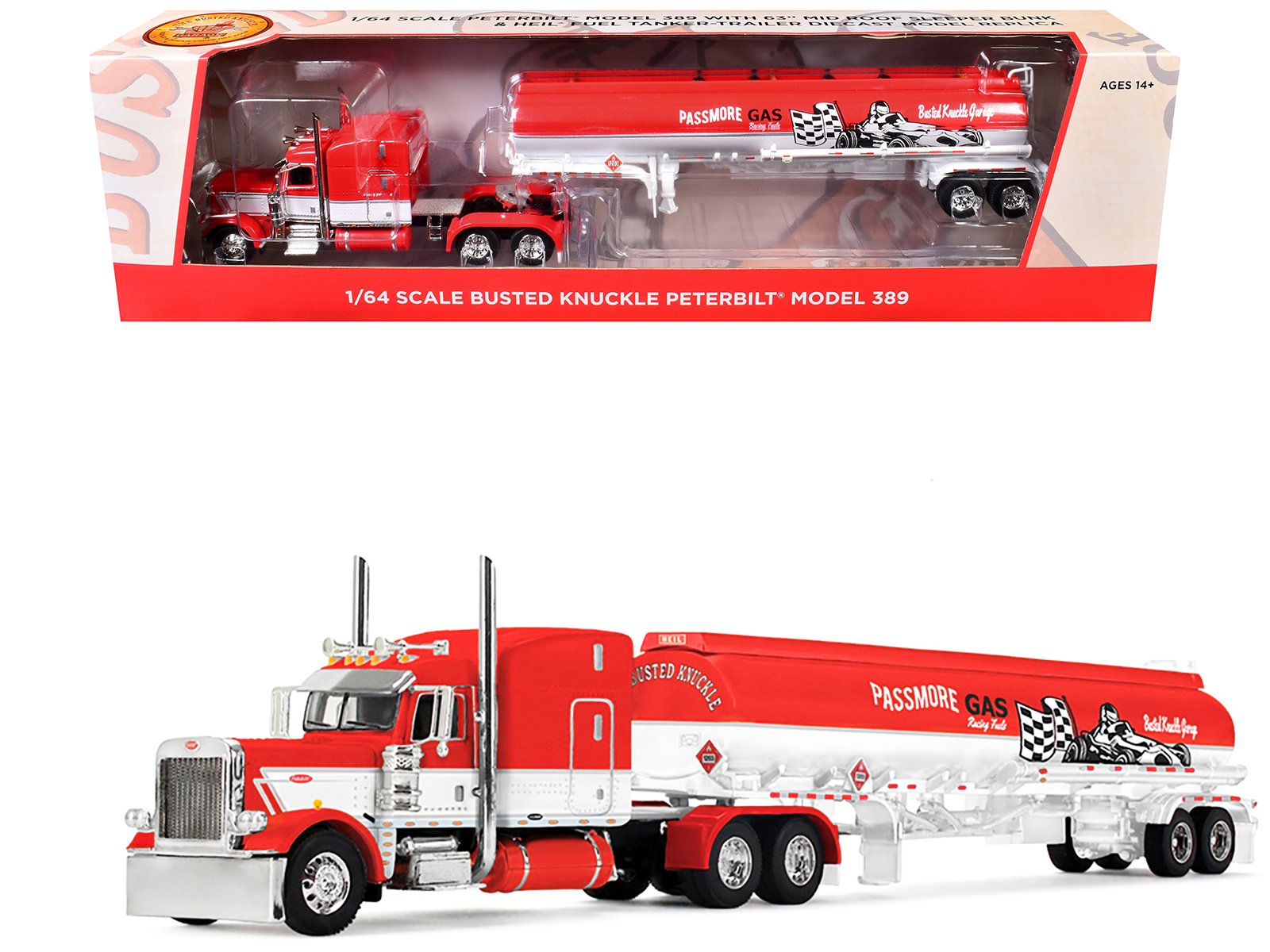 peterbilt 389 with 63" mid roof sleeper and heil fuel tank trailer "busted knuckle garage" red and white 1/64 diecast model by dcp/first gear peterbilt 389 with 63" mid roof sleeper and heil fuel tank trailer "busted knuckle garage" red and white 1/64 diecast model by dcp/first gear