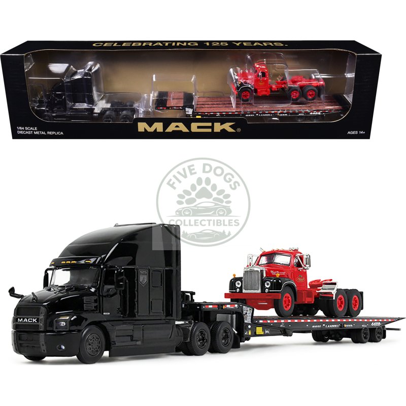 mack anthem sleeper and landoll 440b 50ca traveling axle trailer black with mack b 61 day cab load red "mack anniversary" 1/64 diecast model by dcp/first gear