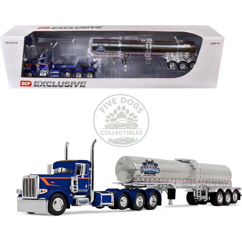peterbilt 389 tri axle day cab and walker food grade tank trailer "finnesgard trucking" blue with orange stripes 1/64 diecast model by dcp/first gear