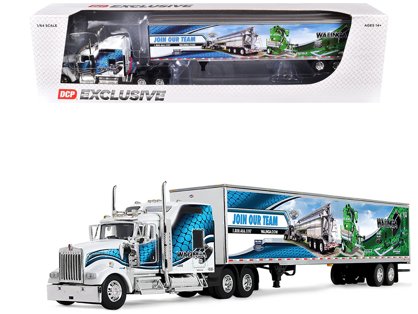 kenworth w900l with 86" studio sleeper and 53' utility trailer with skirts "walinga" white with blue graphics 1/64 diecast model by dcp/first gear kenworth w900l with 86" studio sleeper and 53' utility trailer with skirts "walinga" white with blue graphics 1/64 diecast model by dcp/first gear