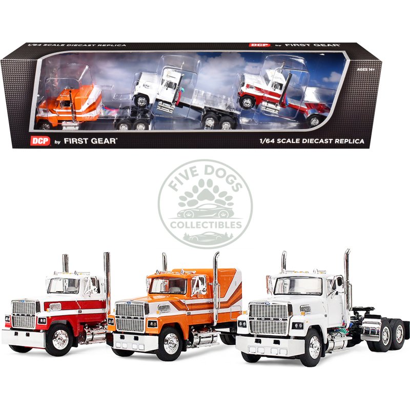ford ltl 9000 trio set (two day cabs and one 60" flat top sleeper) 1/64 diecast model by dcp/first gear