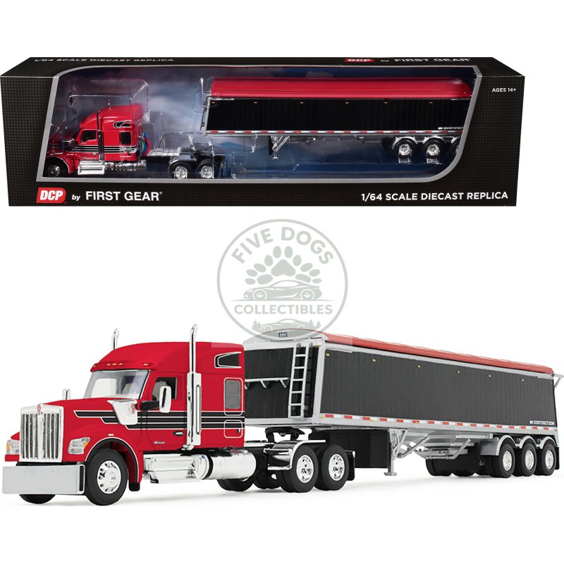 kenworth w990 with 76" mid roof sleeper and lode king distinction hopper trailer red and black 1/64 diecast model by dcp/first gear