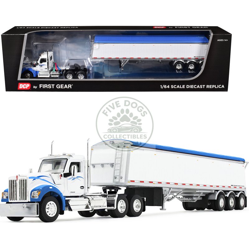 kenworth w990 day cab and lode king distinction hopper trailer white and blue 1/64 diecast model by dcp/first gear