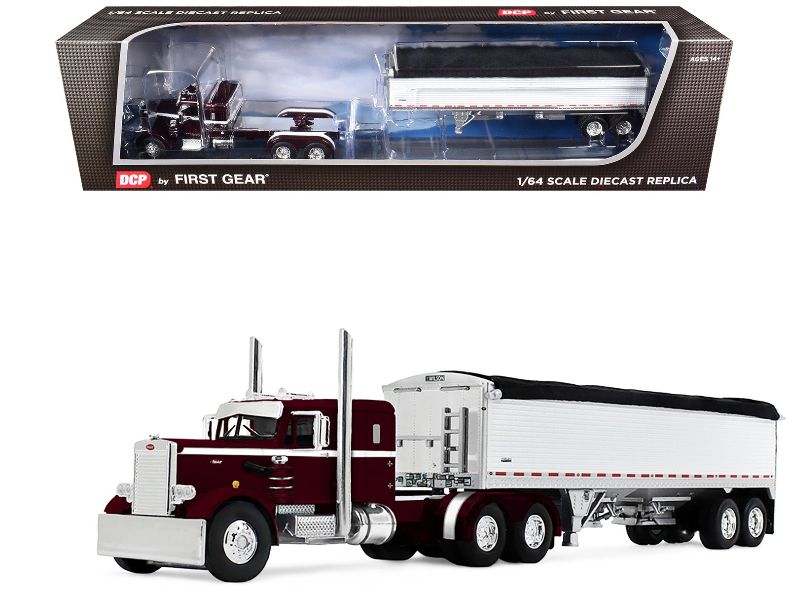 peterbilt 351 with 36" sleeper and 34' wilson pacesetter grain trailer dark cherry with white stripes 1/64 diecast model by dcp/first gear peterbilt 351 with 36" sleeper and 34' wilson pacesetter grain trailer dark cherry with white stripes 1/64 diecast model by dcp/first gear