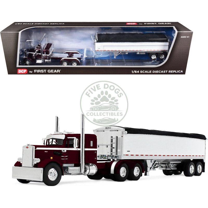 peterbilt 351 with 36" sleeper and 34' wilson pacesetter grain trailer dark cherry with white stripes 1/64 diecast model by dcp/first gear
