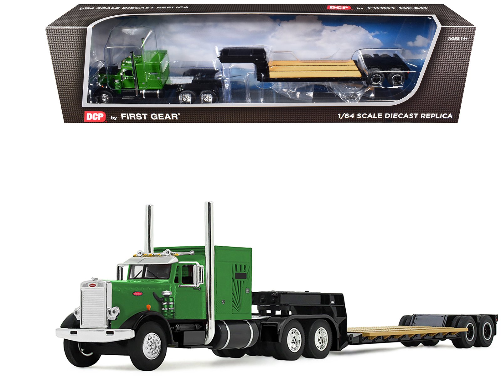 peterbilt 351 with 60" vintage sleeper and rogers vintage lowboy trailer green with black trailer 1/64 diecast model by dcp/first gear peterbilt 351 with 60" vintage sleeper and rogers vintage lowboy trailer green with black trailer 1/64 diecast model by dcp/first gear