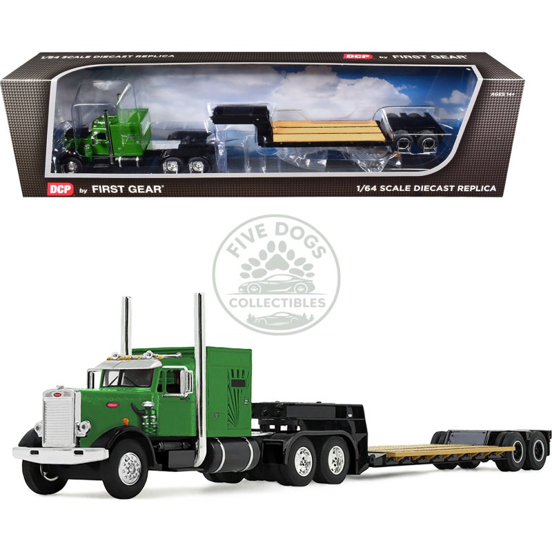 peterbilt 351 with 60" vintage sleeper and rogers vintage lowboy trailer green with black trailer 1/64 diecast model by dcp/first gear
