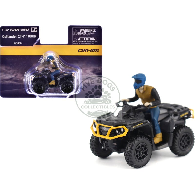 can am outlander xt p 1000r atv iron gray and neo yellow with driver figure 1/32 diecast model by brp models