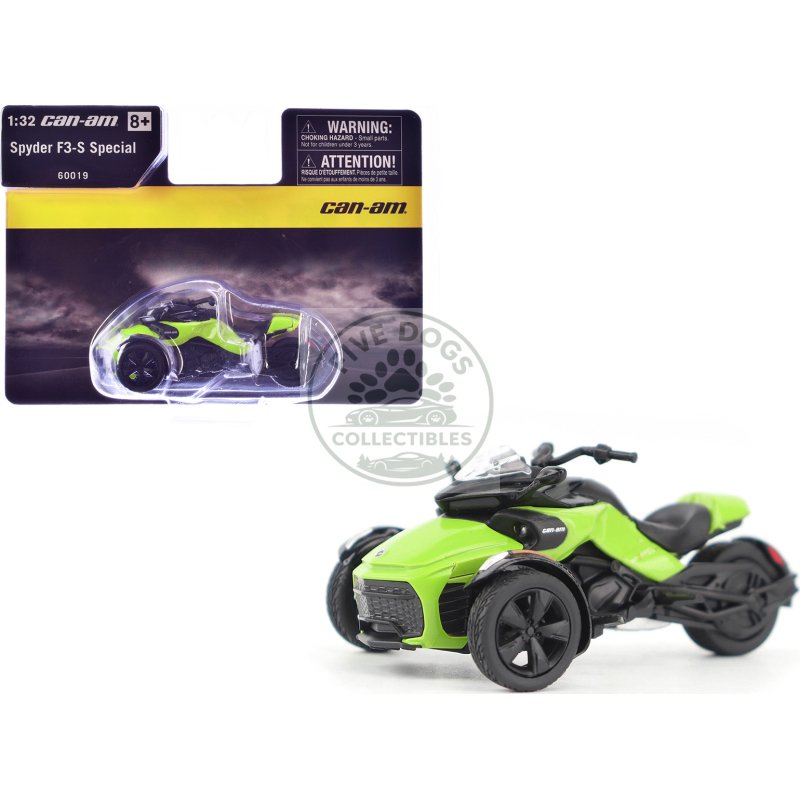 can am spyder f3 s special 3 wheel motorcycle manta green 1/32 diecast model by brp models