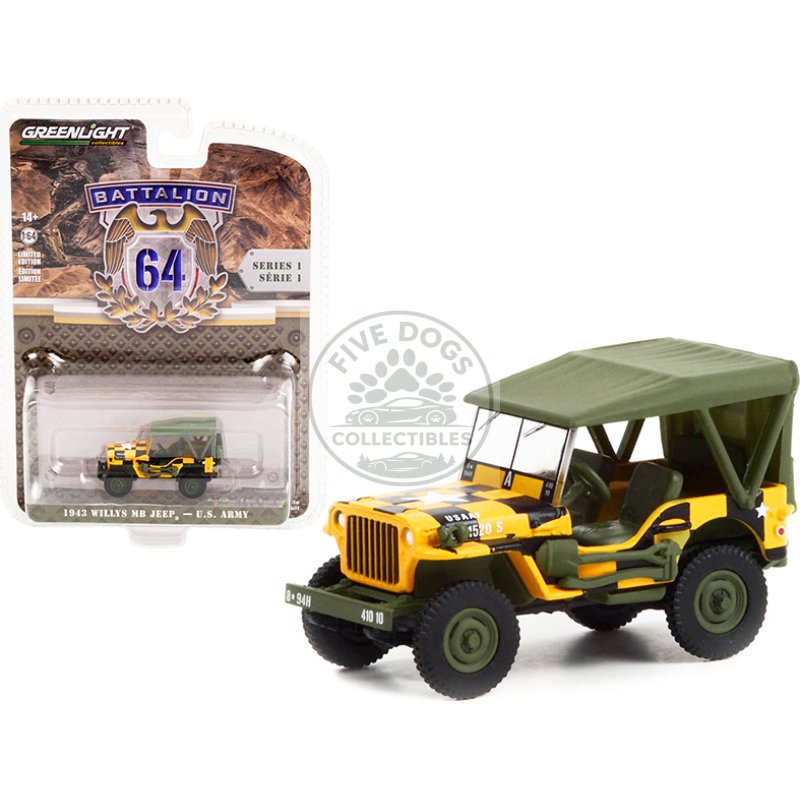 1943 willys mb jeep yellow and black with green top "follow me" u.s. army "battalion 64" release 1 1/64 diecast model car by greenlight