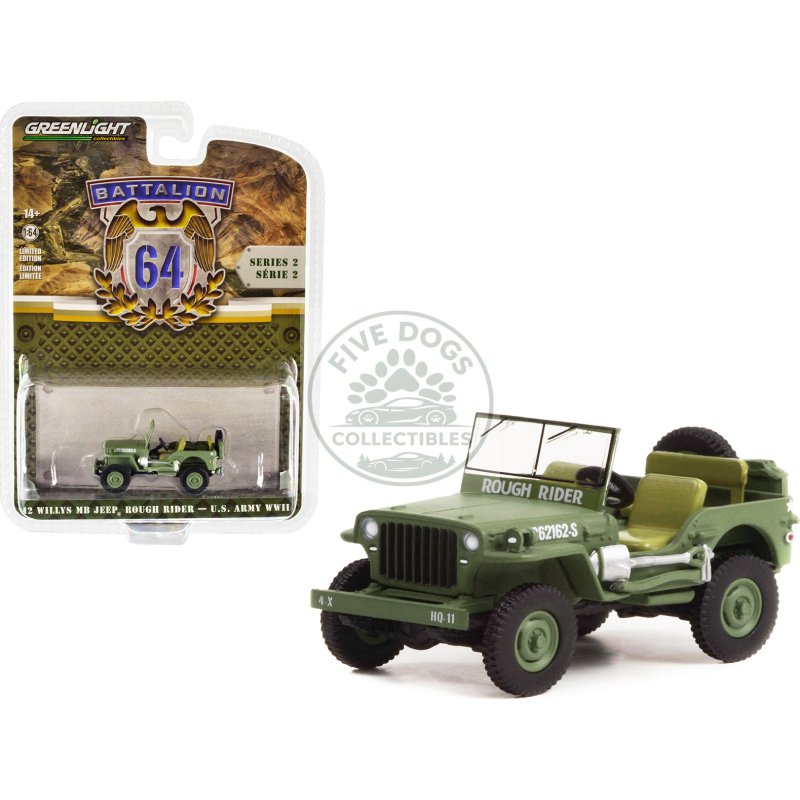 1942 willys mb jeep #20362162 s green "u.s. army world war ii rough rider" "battalion 64" release 2 1/64 diecast model car by greenlight
