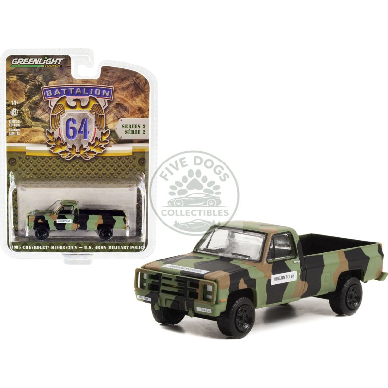 1985 chevrolet m1008 cucv pickup truck camouflage "u.s. army military police" "battalion 64" release 2 1/64 diecast model car by greenlight