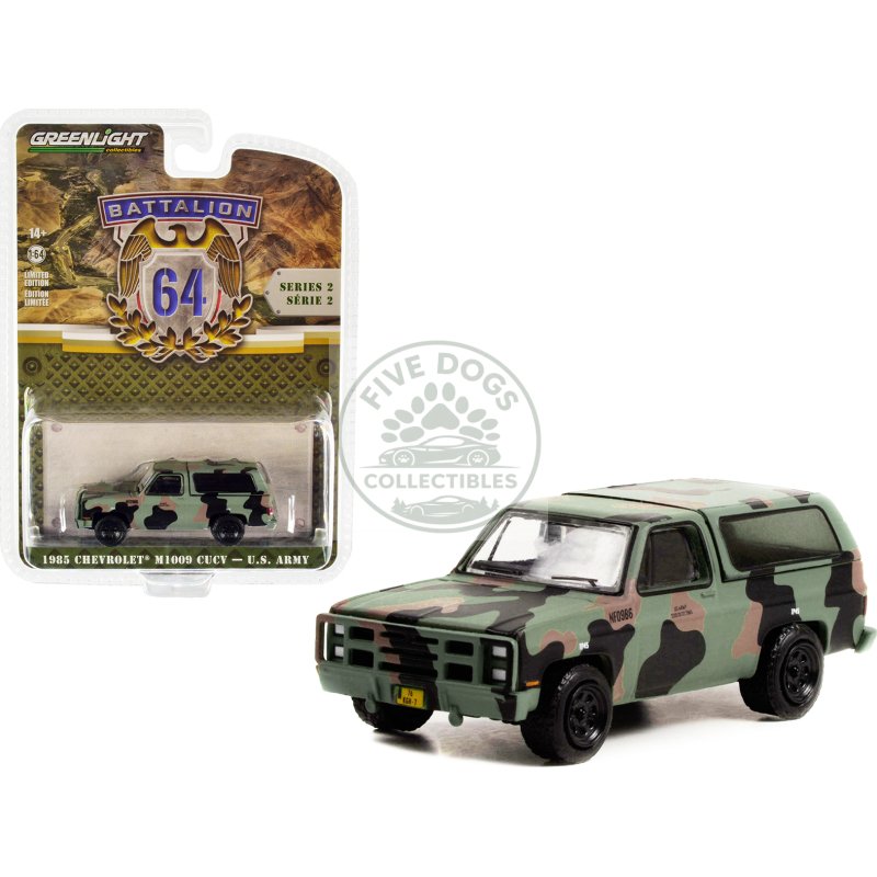 1985 chevrolet m1009 cucv camouflage "u.s. army" "battalion 64" release 2 1/64 diecast model car by greenlight