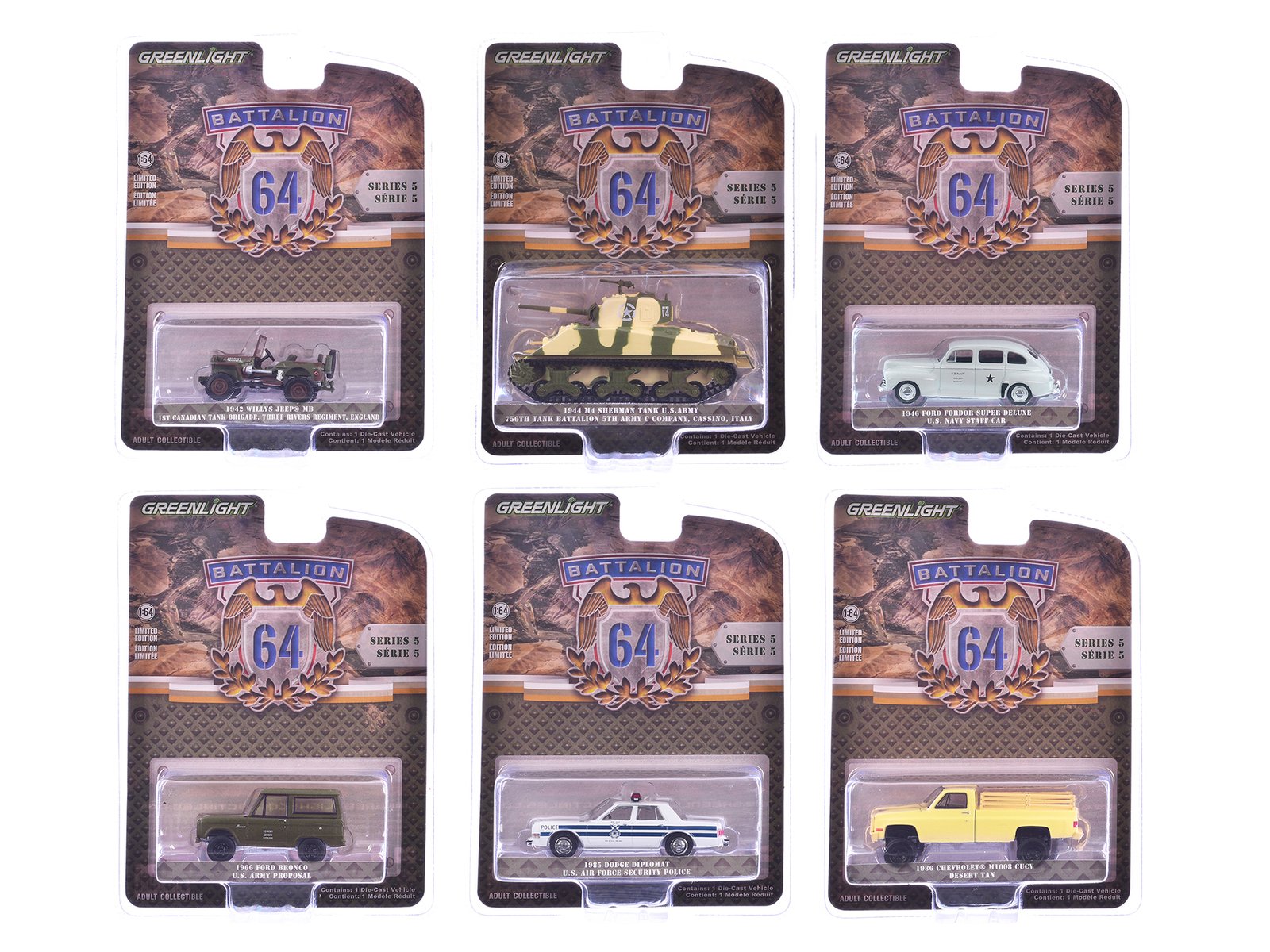 "battalion 64" series 5 set of 6 pieces 1/64 diecast models by greenlight "battalion 64" series 5 set of 6 pieces 1/64 diecast models by greenlight