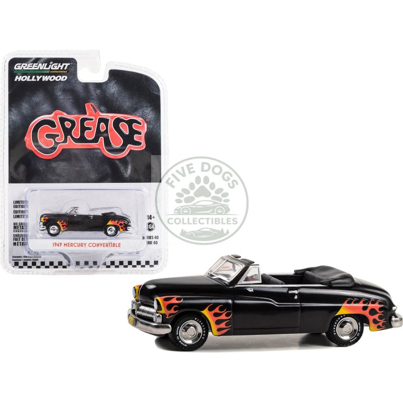 1949 mercury convertible black with flames "grease" (1978) movie "hollywood series" release 40 1/64 diecast model car by greenlight