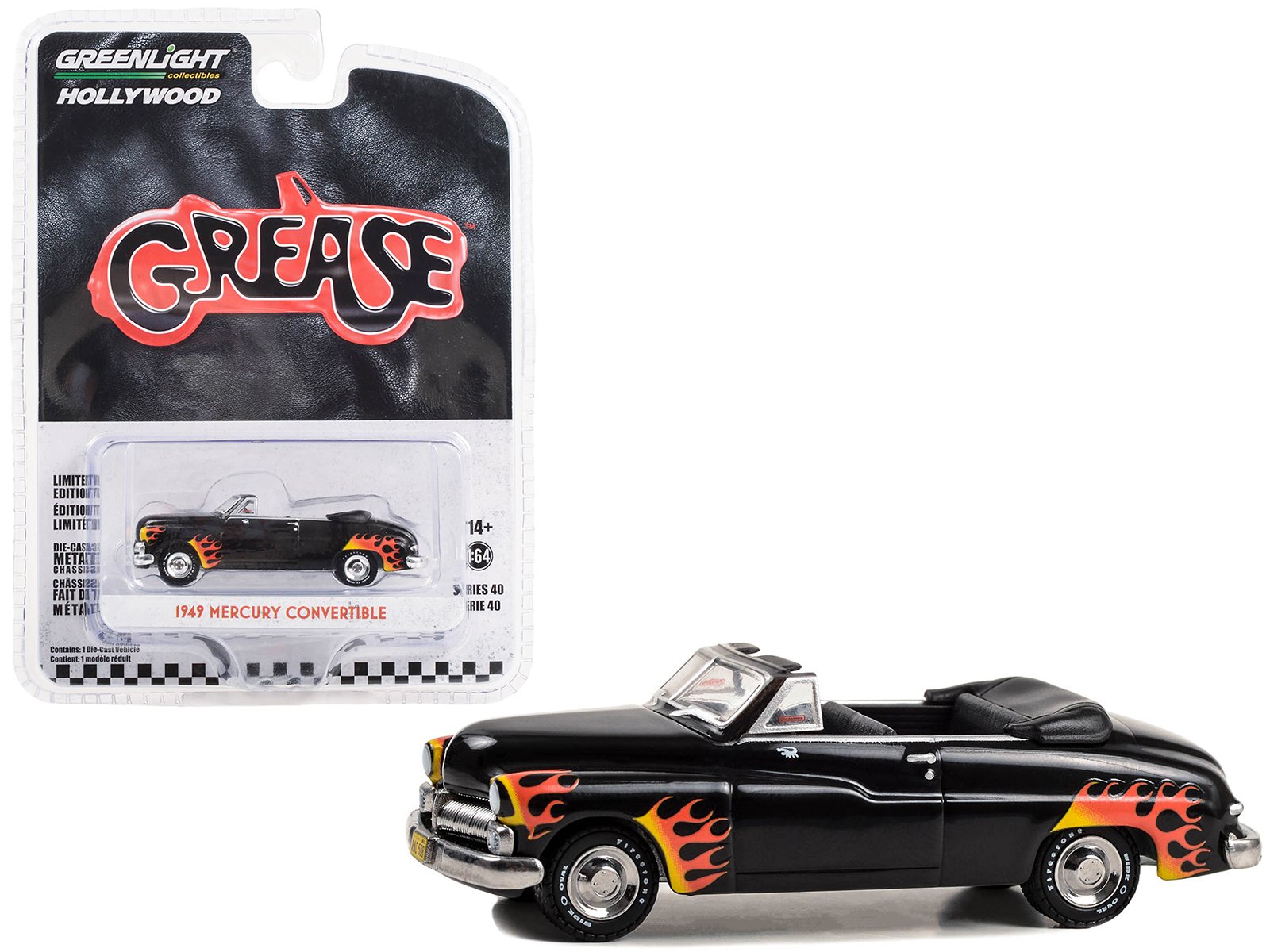 1949 mercury convertible black with flames "grease" (1978) movie "hollywood series" release 40 1/64 diecast model car by greenlight 1949 mercury convertible black with flames "grease" (1978) movie "hollywood series" release 40 1/64 diecast model car by greenlight