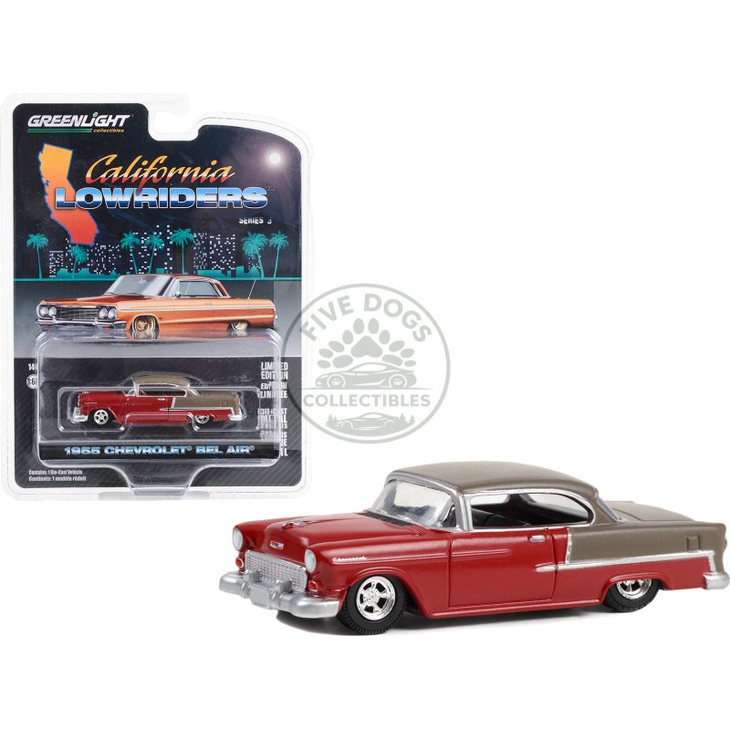 1955 chevrolet bel air lowrider ruby red and matt bronze "california lowriders" series 3 1/64 diecast model car by greenlight