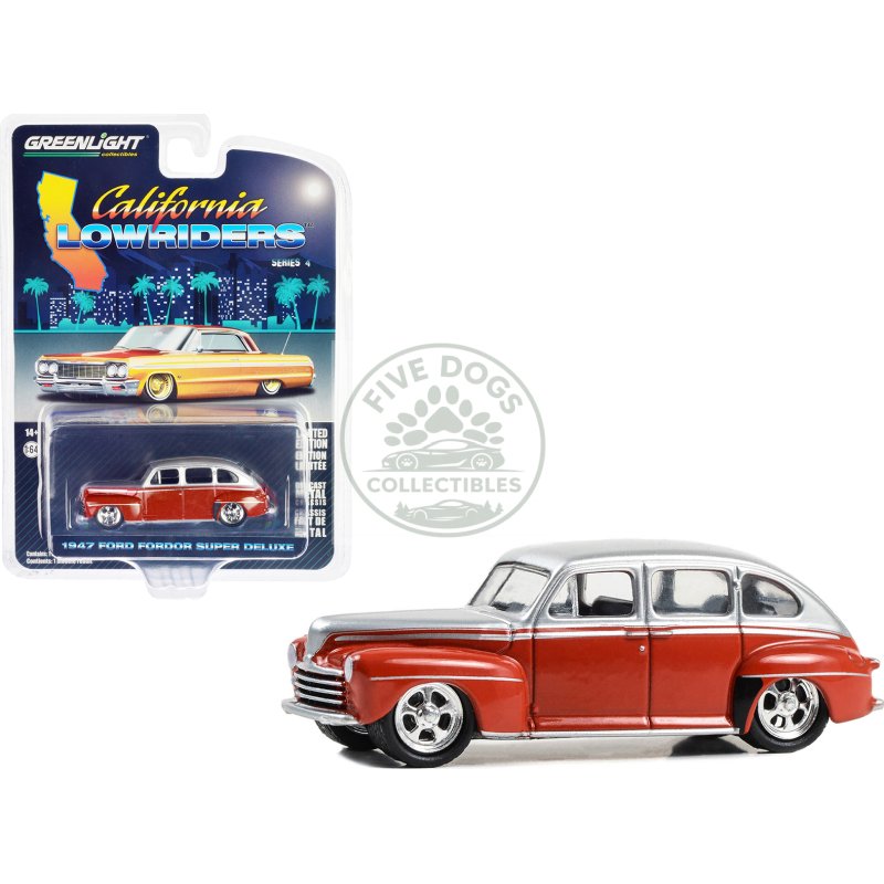 1947 ford fordor super deluxe lowrider red and silver metallic "california lowriders" series 4 1/64 diecast model car by greenlight