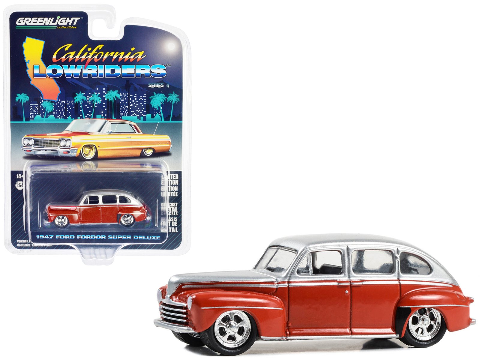 1947 ford fordor super deluxe lowrider red and silver metallic "california lowriders" series 4 1/64 diecast model car by greenlight 1947 ford fordor super deluxe lowrider red and silver metallic "california lowriders" series 4 1/64 diecast model car by greenlight