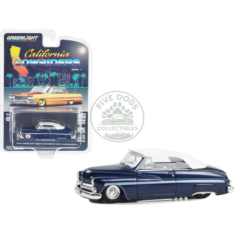 1950 mercury eight chopped top convertible lowrider dark blue metallic with light blue pinstripes and white top and interior "california lowriders" series 4 1/64 diecast model car by greenlight