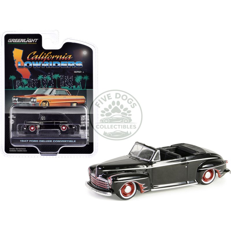 1947 ford deluxe convertible lowrider black wit h red graphics "california lowriders" series 5 1/64 diecast model car by greenlight