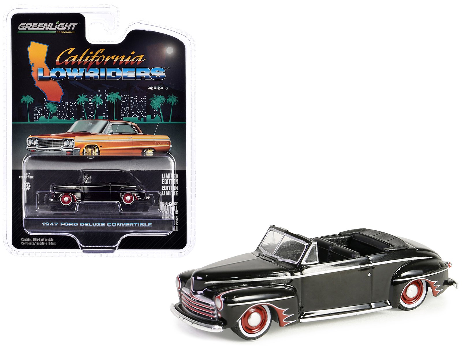 1947 ford deluxe convertible lowrider black wit h red graphics "california lowriders" series 5 1/64 diecast model car by greenlight 1947 ford deluxe convertible lowrider black wit h red graphics "california lowriders" series 5 1/64 diecast model car by greenlight