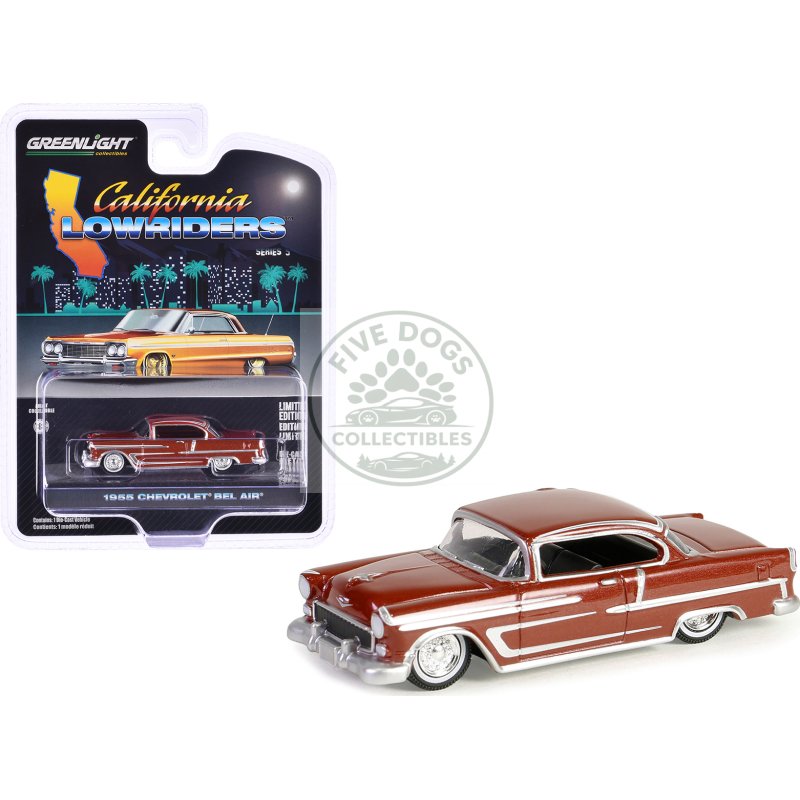 1955 chevrolet bel air lowrider red metallic and silver "california lowriders" series 5 1/64 diecast model car by greenlight