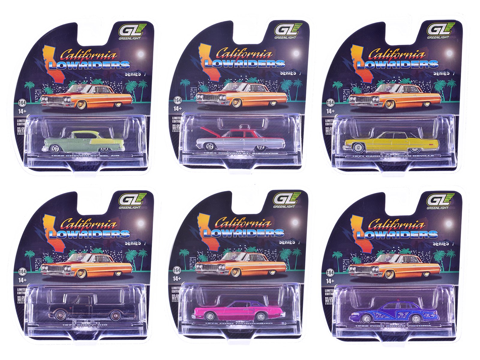 "california lowriders" series 7 set of 6 pieces 1/64 diecast model cars by greenlight "california lowriders" series 7 set of 6 pieces 1/64 diecast model cars by greenlight