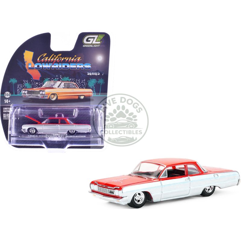 1964 chevrolet biscayne lowrider silver metallic and red two tone "california lowriders" series 7 1/64 diecast model car by greenlight